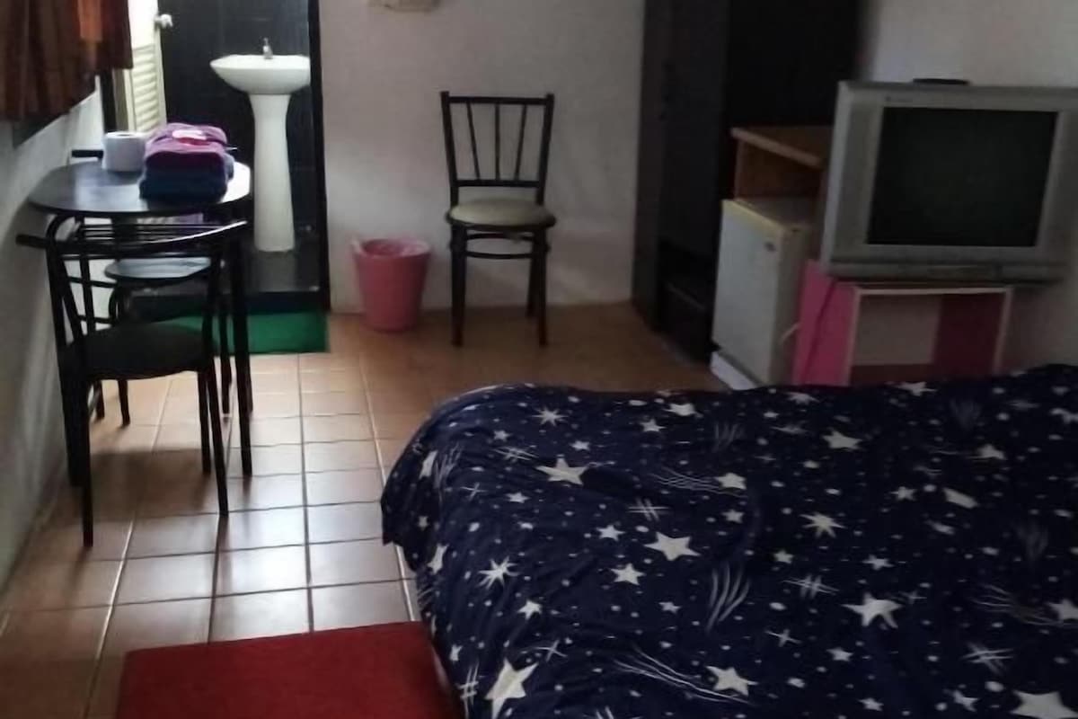 A room with a bed, a desk, a chair, a television, and a sink.
