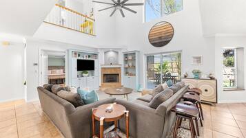 TV connectée, cheminée, jeux vidéo, lecteur de DVD