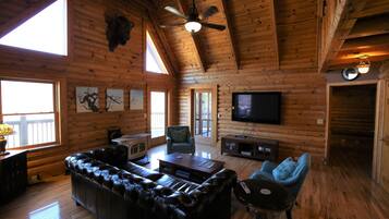 TV, DVD player, video library, stereo