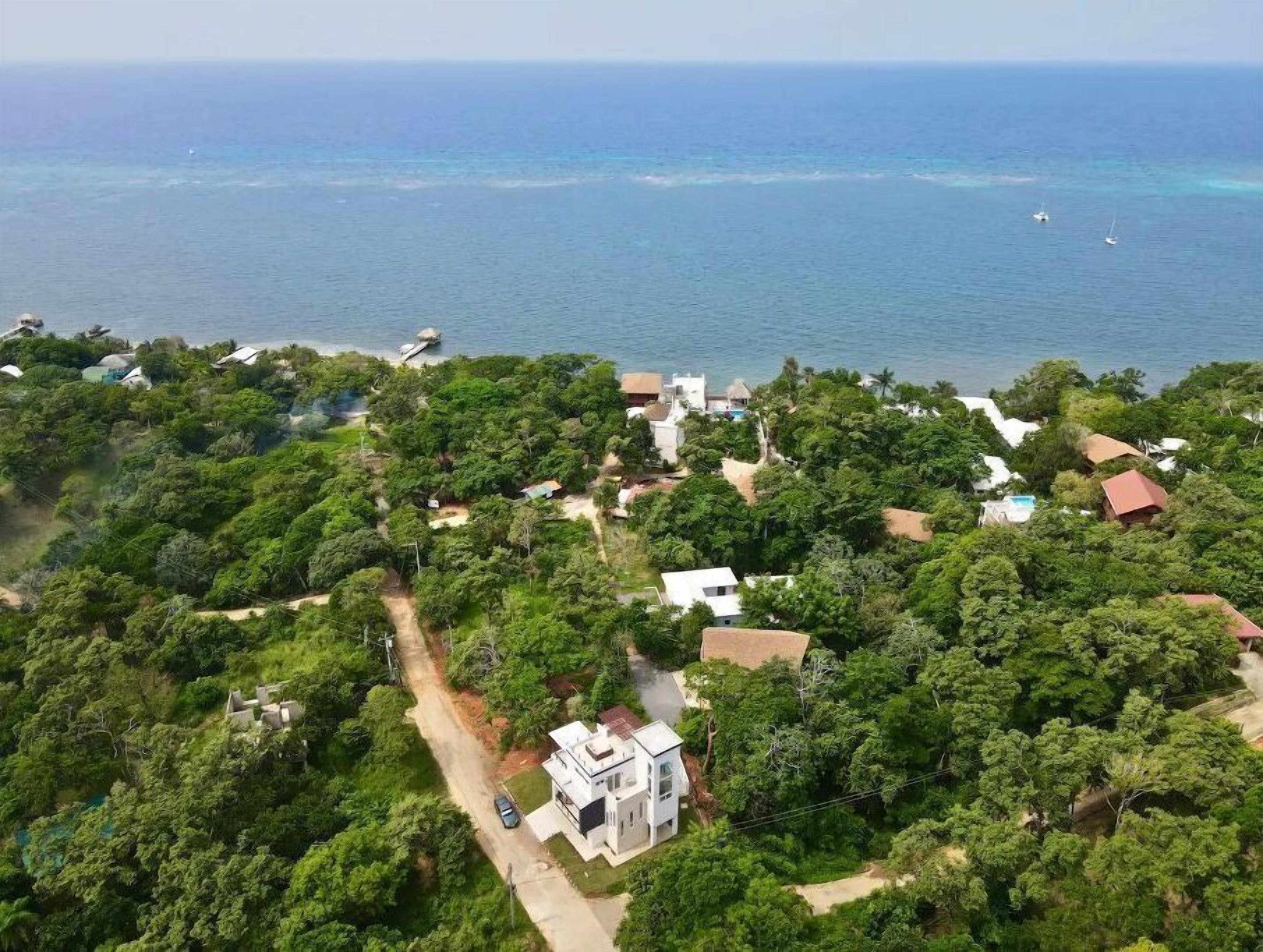 An aerial view of a coastal residential area with houses surrounded by dense greenery, a clear view of the ocean, and a few boats in the water.