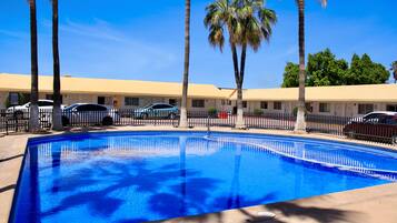 A swimming pool with a clear blue water, surrounded by a fence, palm trees, and a building with a yellow roof in the background.