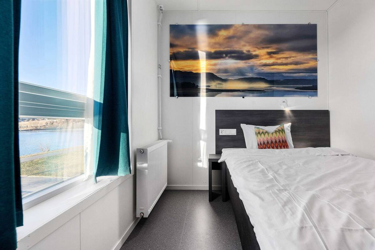 A hotel room with a bed, a window with curtains, a radiator, and a painting of a sunset over water.