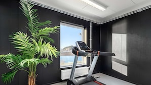 A treadmill in a room with a large window, a potted plant, and a radiator. - Aiden By Best Western Trondheim Airport (Stjordal)