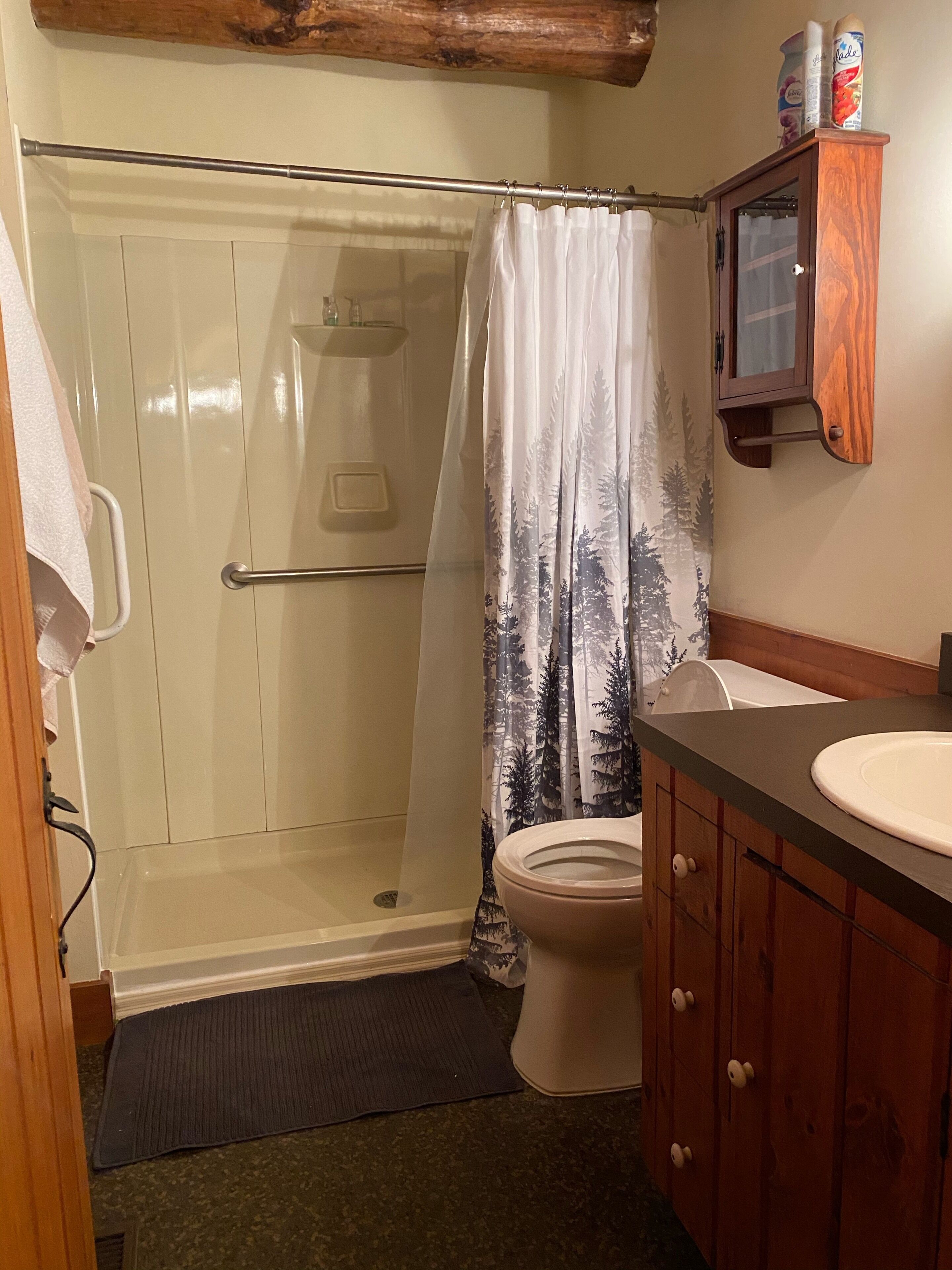 Ein Badezimmer mit Dusche, Toilette und einem Holzkabinent