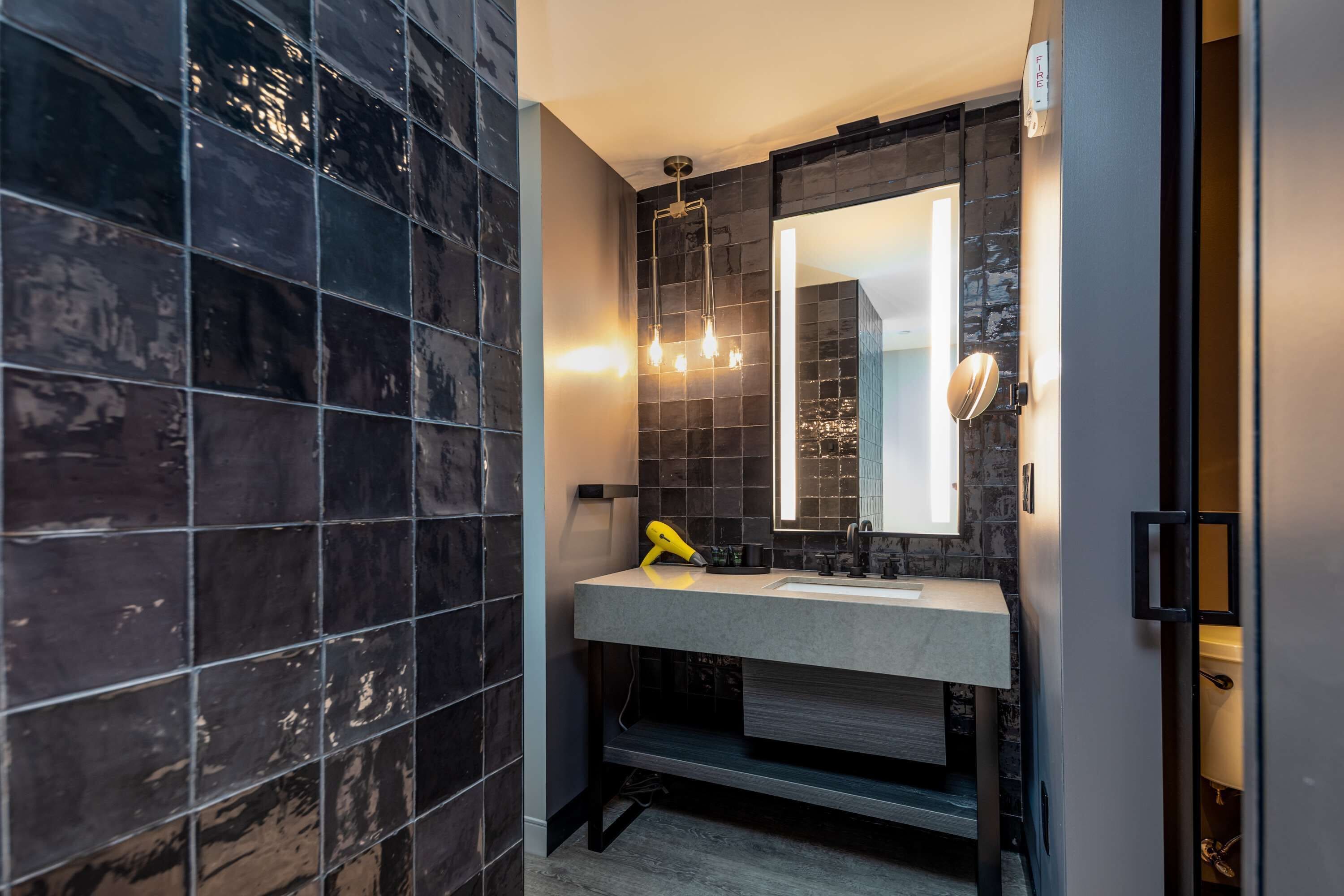 hair dryer, bathrobes, towels, soap