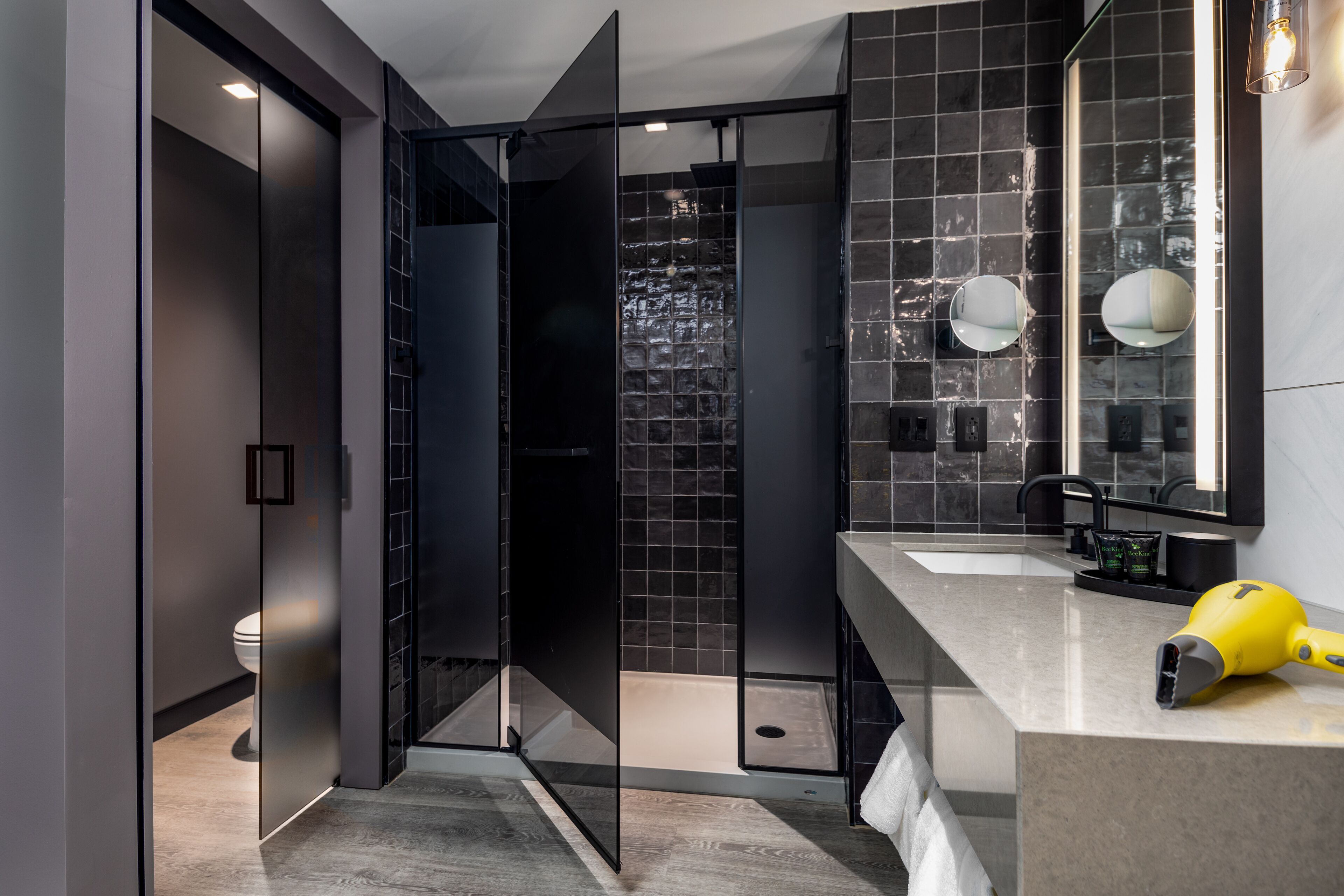 hair dryer, bathrobes, towels, soap