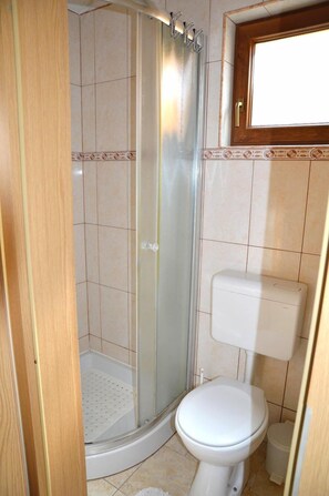 Chuveiro, secador de cabelo, toalhas de banho 