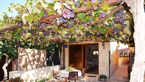Zona d'estar a l'aire lliure coberta amb taula i caires, una porta que dona a una habitació i el número '95' a la paret.