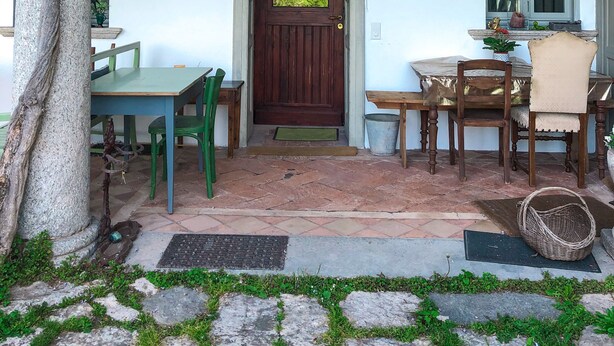 Eine überdachte Terrasse mit Tisch und Stühlen, eine Holztür und lila blühende Weinreben.