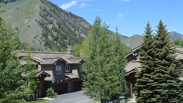 A residential area with houses, a driveway, and a mountain in the background.