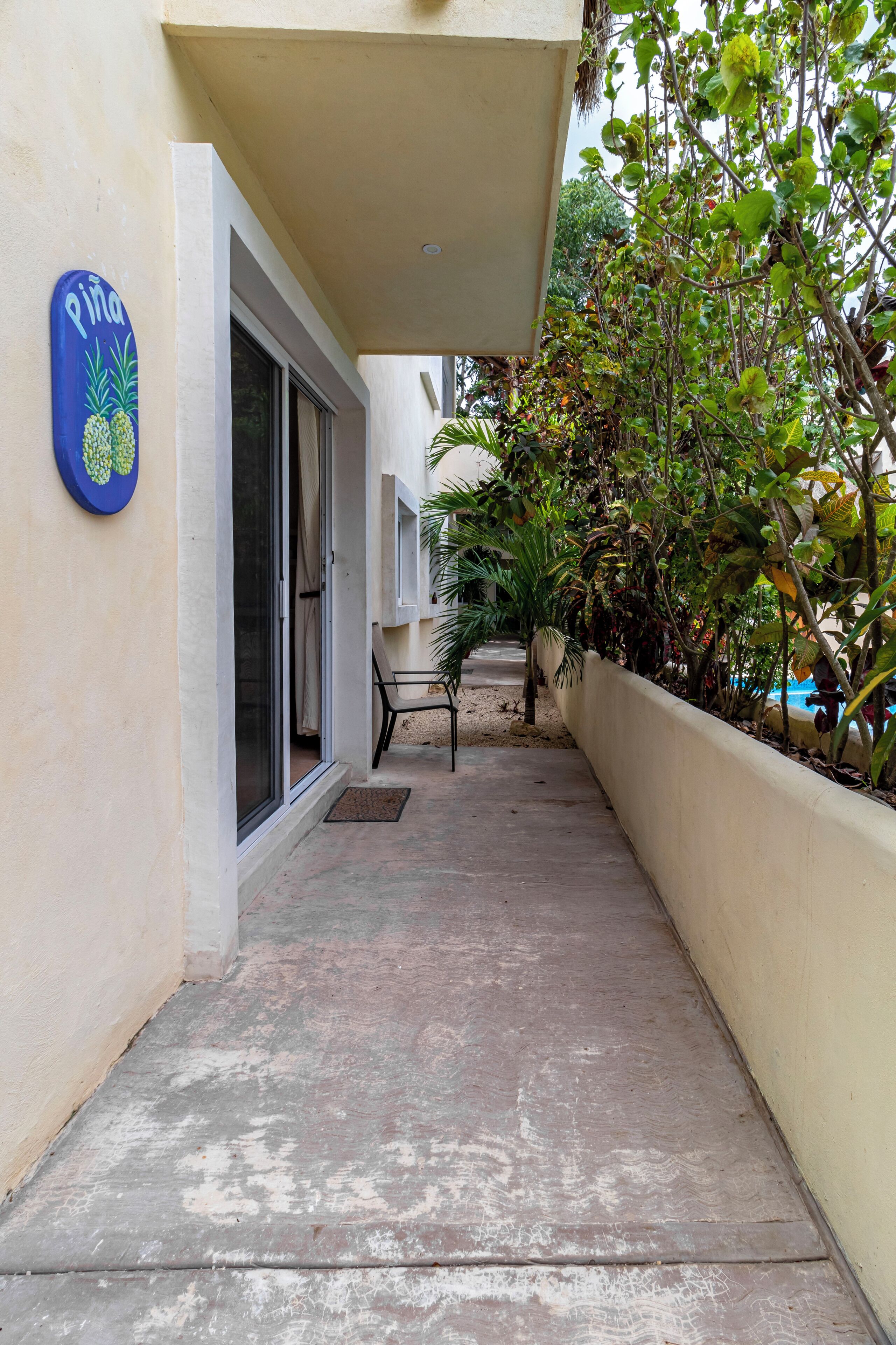 A narrow concrete pathway leading to a building entrance, with a blue sign on the left and a planter with various plants on the right.