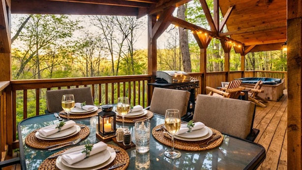 Eine Holzterrasse mit Esstisch, umgeben von Stühlen, einem Grill und einem Whirlpool.