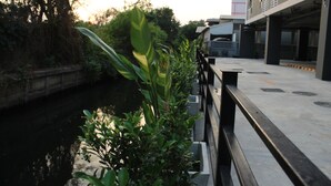 A bridge with greenery on the left and a building with a flat roof on the right. - Double D Hotel (Pak Kret)