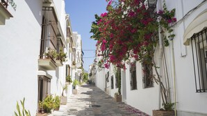 Una calle estrecha con edificios blancos, balcones con plantas y un cielo despejado.