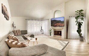 TV connectée, cheminée, livres, vidéothèque