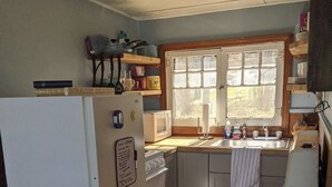A compact kitchen with a refrigerator, microwave, and sink. -  #5-The Lazy Fish (Au Sable Charter Township)