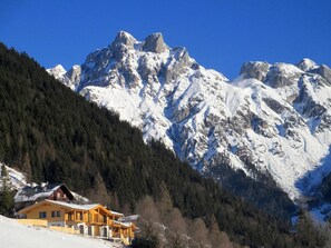 A mountain lodge with a wooden exterior, surrounded by snow-covered peaks and dense forest. - Luxury penthouse with idyllic mountain views (Werfenweng)