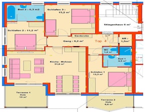 A floor plan of a hotel with 4 bedrooms, 2 bathrooms, a kitchen, a living room, and a terrace. - Luxury penthouse with idyllic mountain views (Werfenweng)