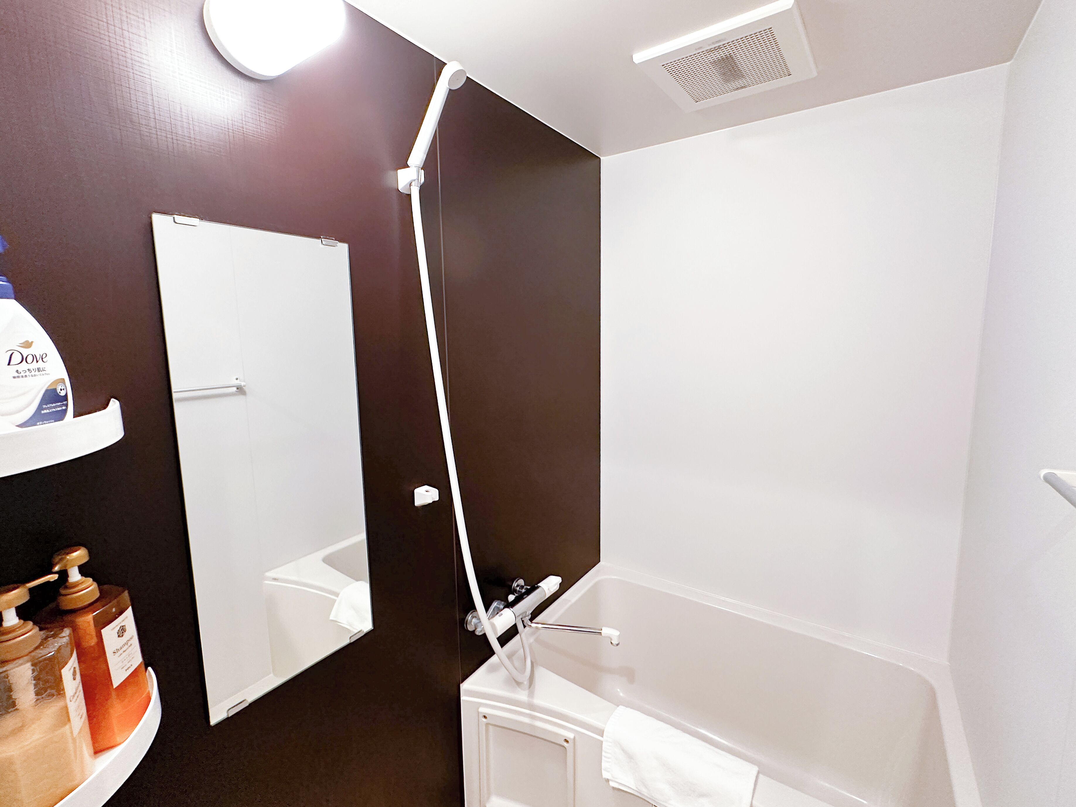 Une salle de bain équipée d’une baignoire, d’une douche, d’un miroir et d’articles de toilette.