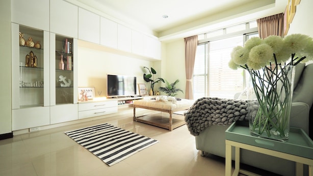 A modern living room with a sofa, a coffee table, a TV, and a bookshelf.