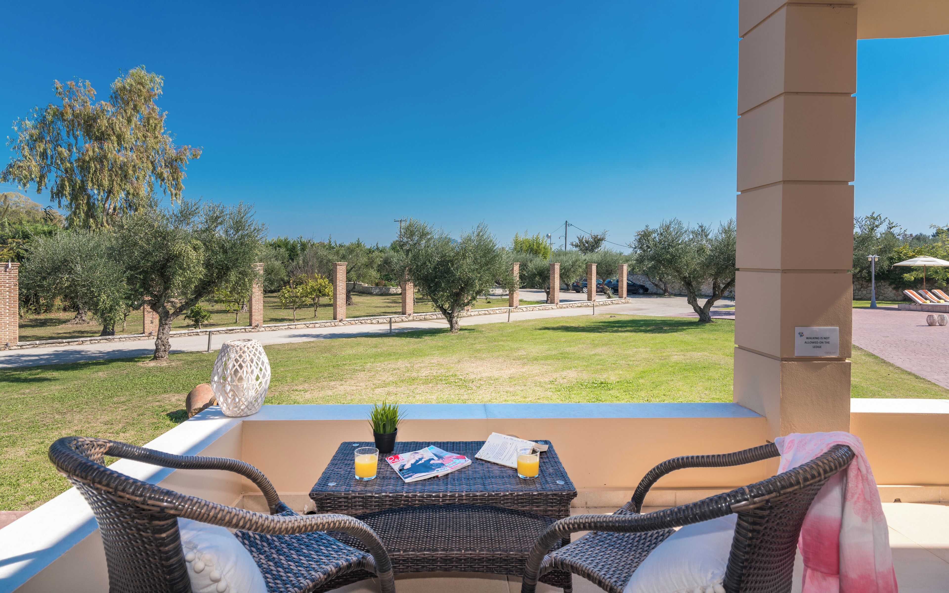 An outdoor seating area with wicker chairs and a table, overlooking a landscaped garden with olive trees and a clear blue sky.