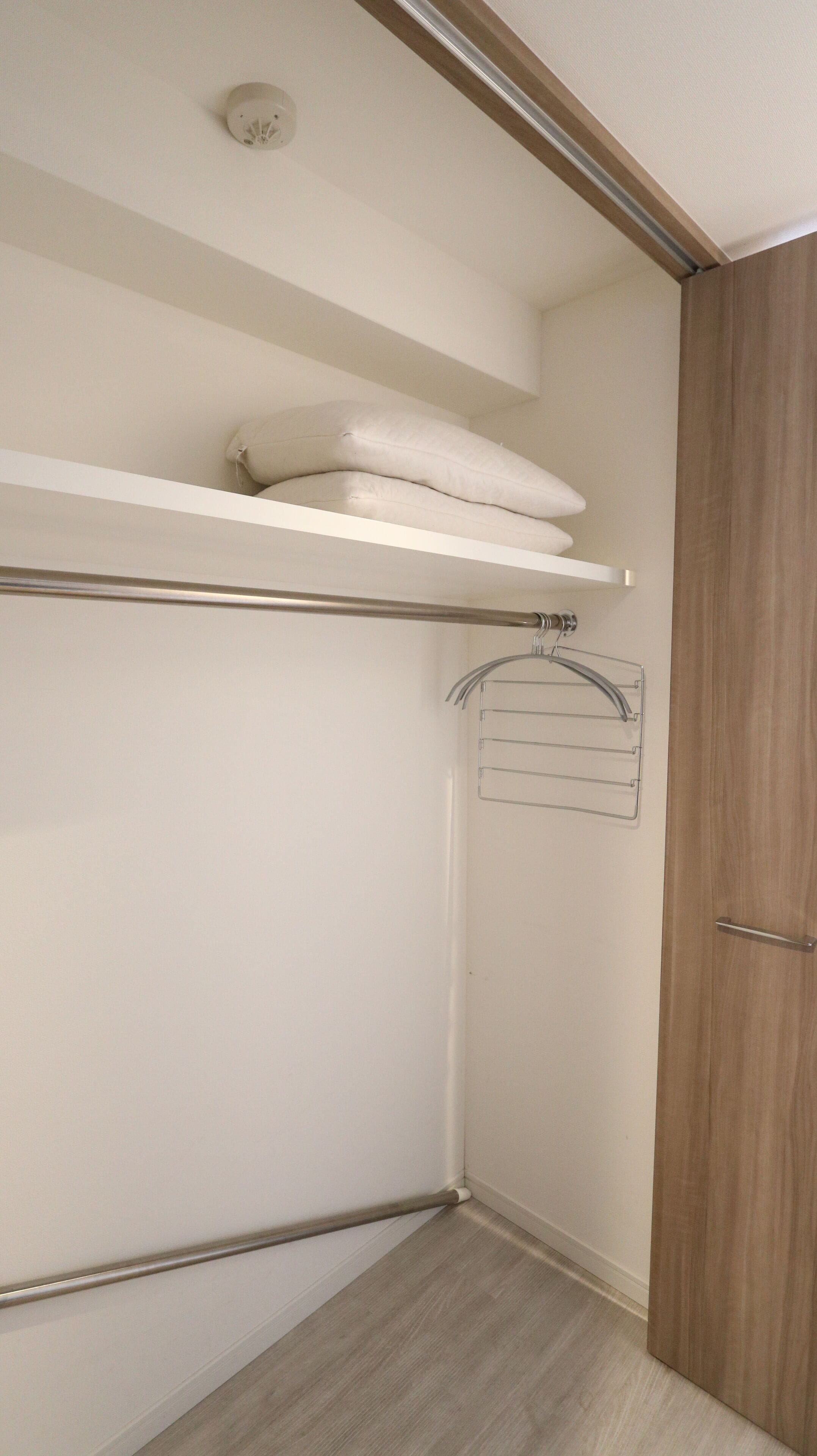 A closet with a hanging rod, a shelf, and a door.