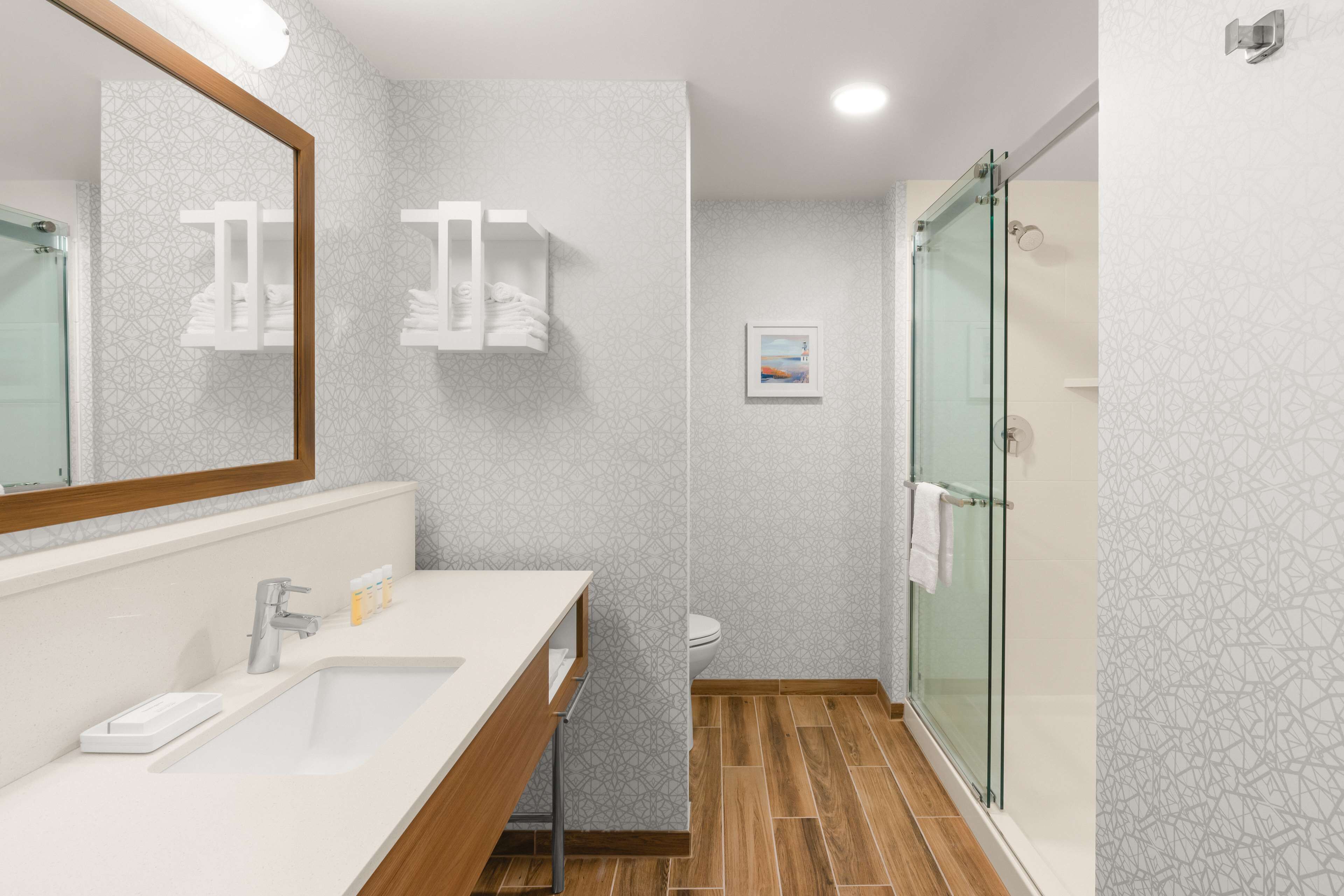 rainfall showerhead, hair dryer, towels