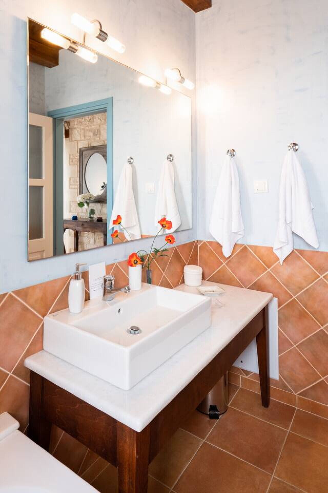 Une salle de bain avec un grand miroir, deux lavabos et un meuble-lavabo.