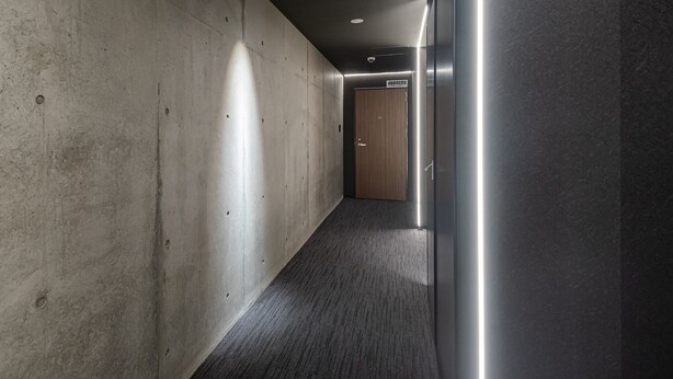 Un pasillo con pared de concreto, suelo alfombrado y una puerta de madera al final.