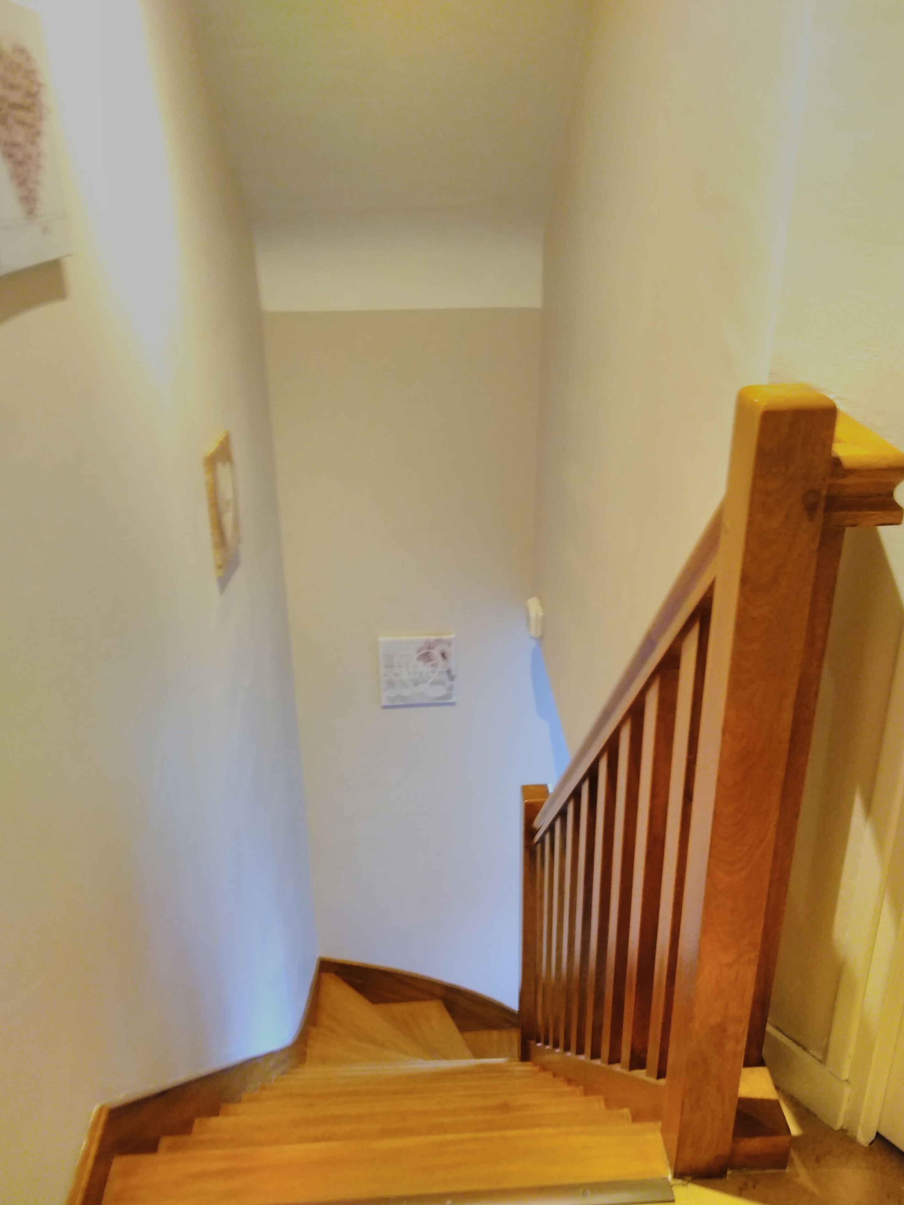A wooden staircase with a handrail leading to an upper floor.