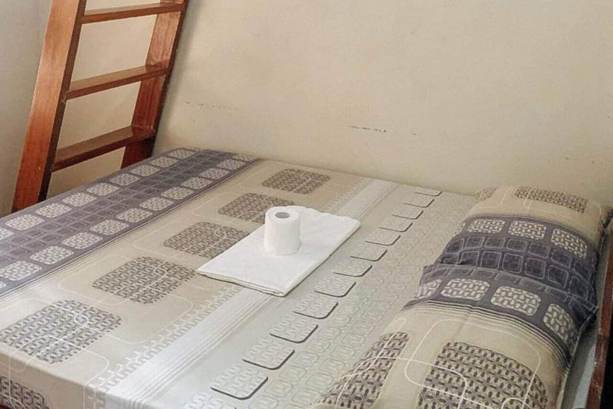 Une petite pièce, de taille modeste, avec un lit simple, une échelle en bois et une couvre-lit à motifs.