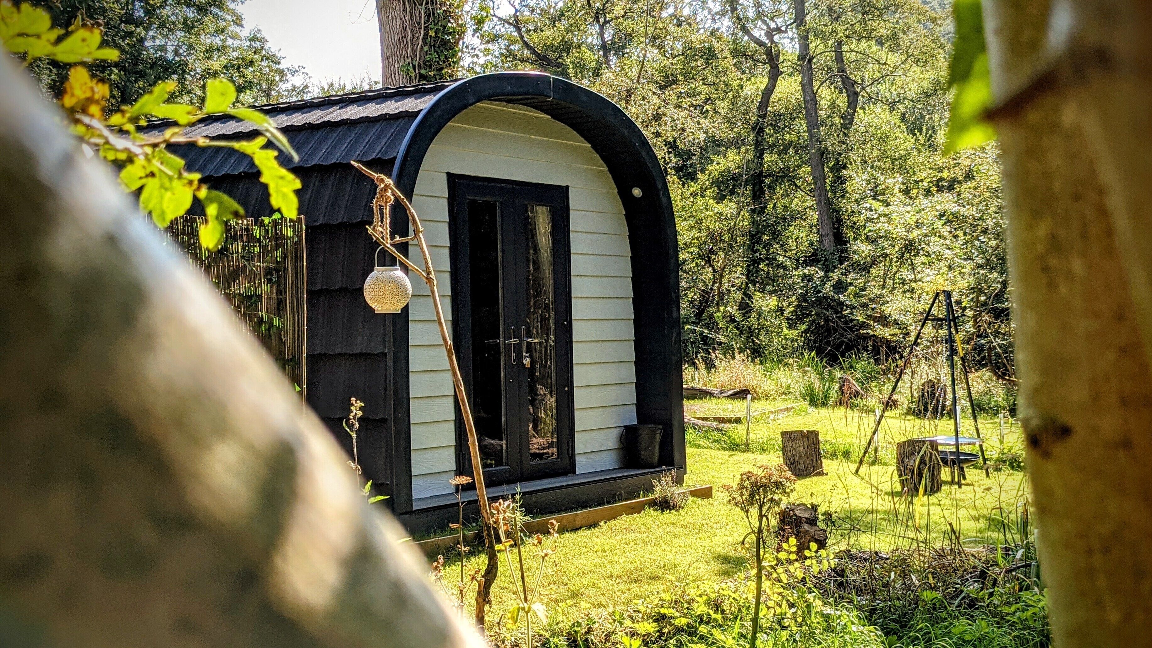 A small, single-story cabin with a black roof and white siding, surrounded by a lush garden and trees.