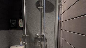 A modern bathroom with a glass-enclosed shower, a toilet, and a sink.