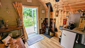 Una cabaña acogedora con interior de madera, chimenea, una pequeña cocina y vistas al entorno verde.