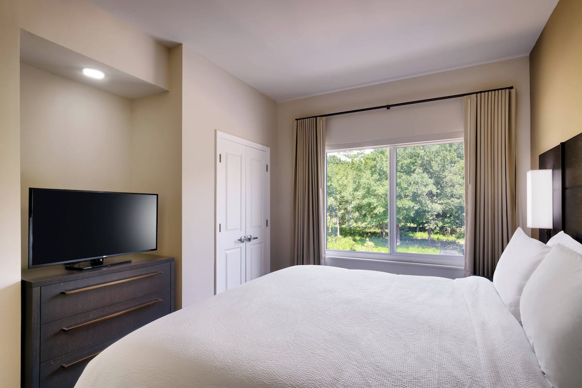 A hotel room with a large bed, a flat-screen TV on a dresser, a window with curtains, and a view of greenery outside.