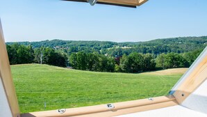 A view from a room with a skylight, overlooking a green field and forested hills.