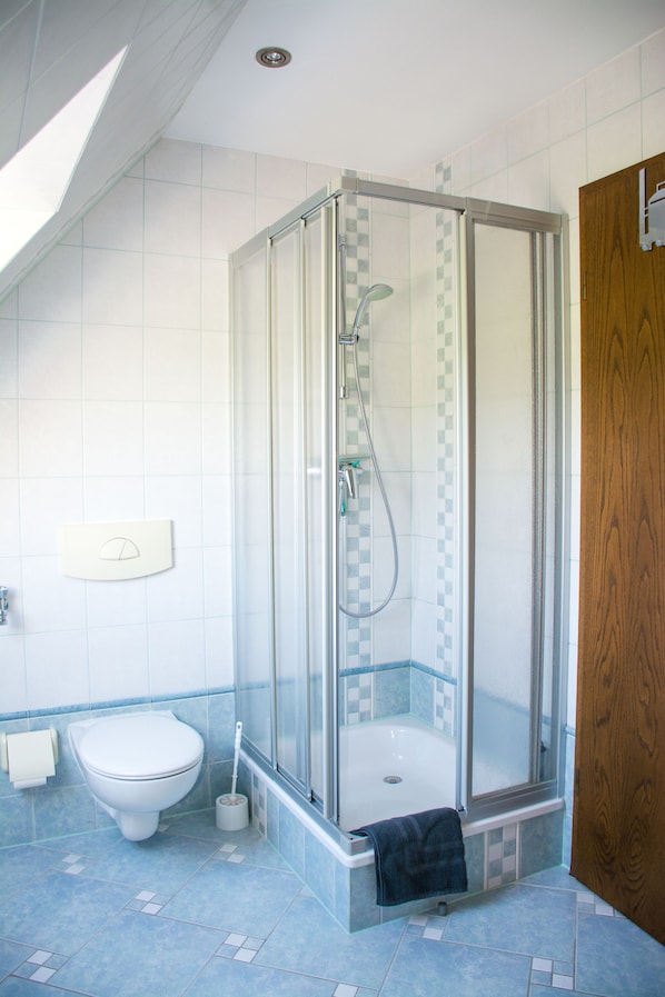 Un baño moderno con ducha envuelta en vidrio, inodoro y lavabo.