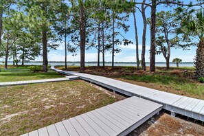 A wooden boardwalk leading to a beach with tall pine trees and a clear view of the water.