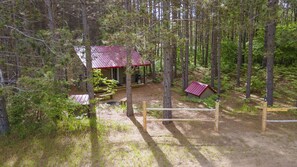 A cabin with a red roof surrounded by dense forest. - Secluded cabin in a Pine forest, just minutes away from Crystal Mountain. (Bear Lake)