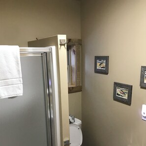 Une salle de bain avec douche, toilettes et œuvres d’art encadrées accrochées au mur.