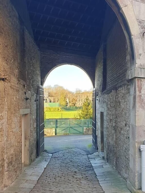 An arched stone passageway leading to a green field.