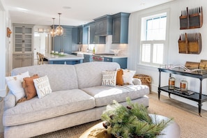 Smart TV, fireplace, table football, music library