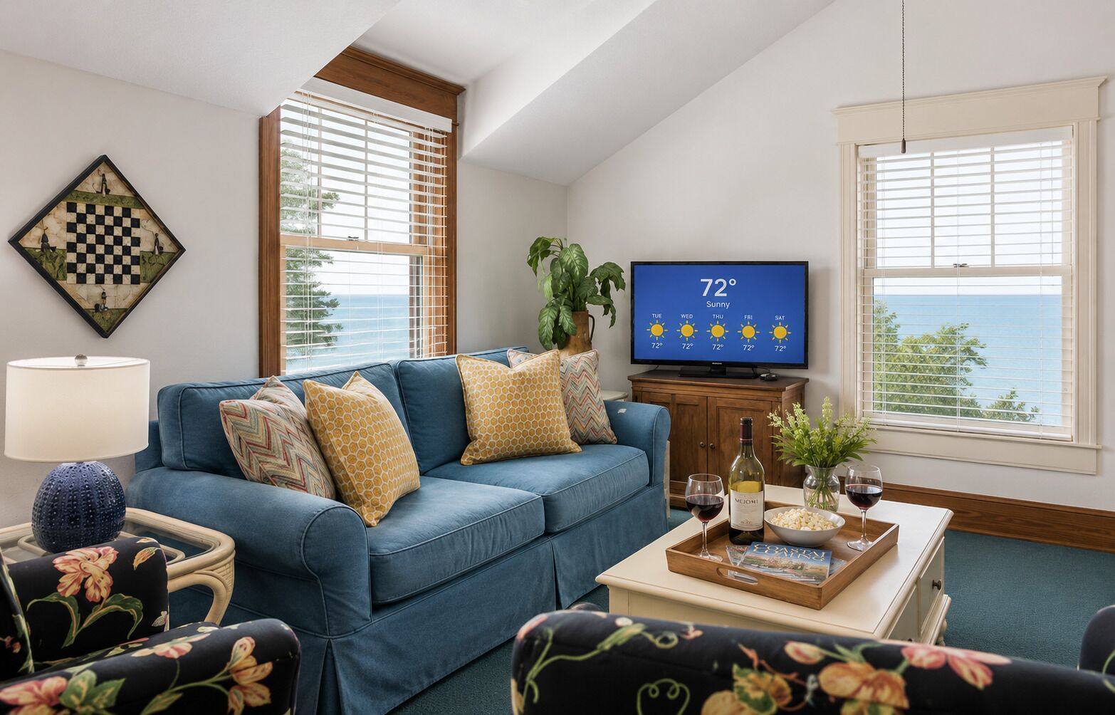 Smart TV, fireplace, books