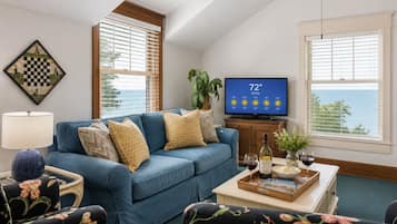 Smart TV, fireplace, books