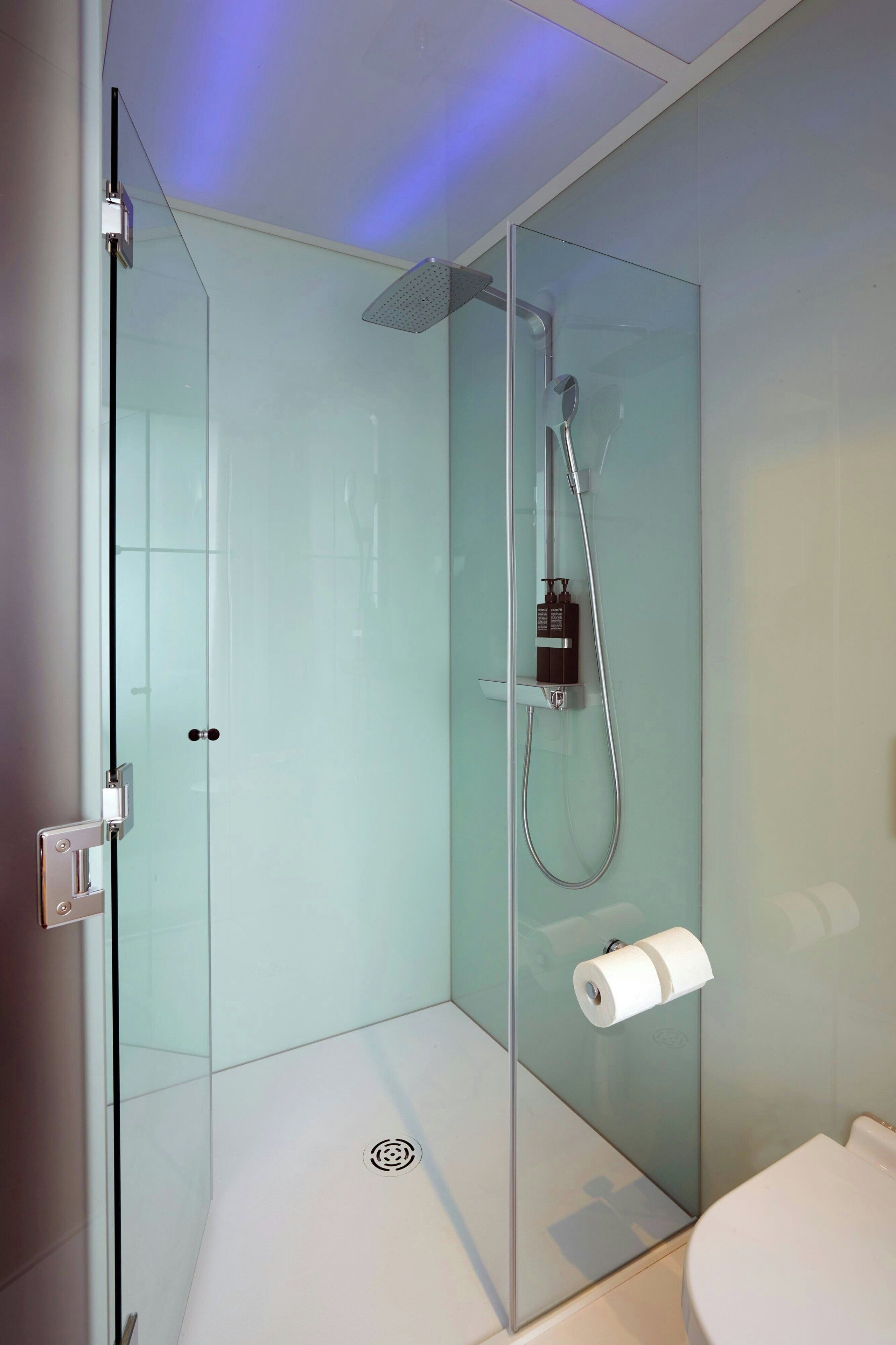 A modern bathroom with a glass-enclosed shower, a toilet, and a visible toilet paper holder.