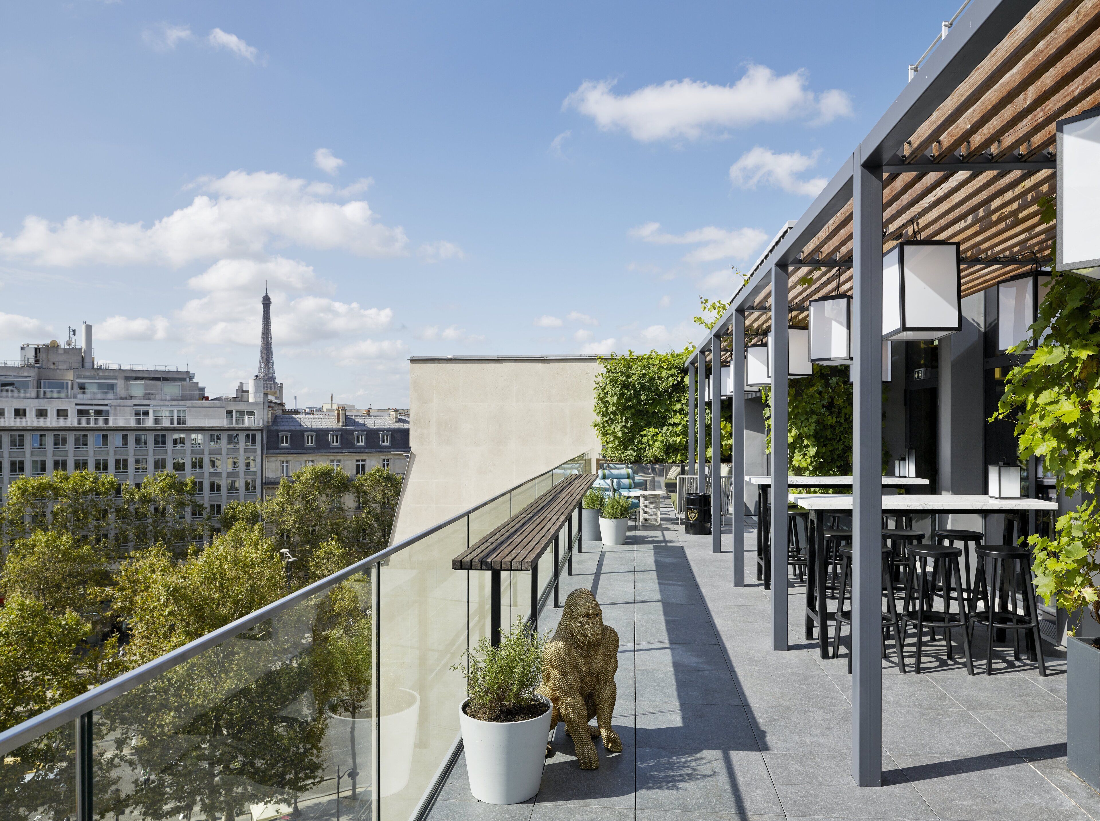 Una terraza en la azotea con mobiliario exterior, vistas de la Torre Eiffel y plantas en macetas.