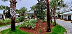 Surrounded by lush tropical plants and palm trees, this outdoor area offers a serene escape.
