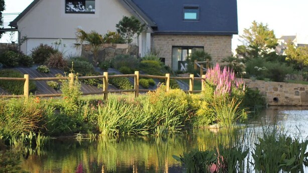 Une maison avec une façade en pierre, une terrasse en bois et un étang agrémenté de différentes plantes.
