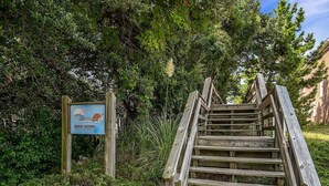 A wooden staircase leading to a beach access sign surrounded by greenery. - Postcards from the Bay (Norfolk)