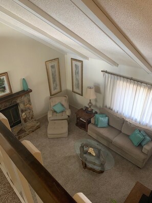 TV, fireplace, books